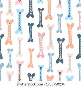 Seamless vector pattern with cute bones for dogs and flowers. White background.