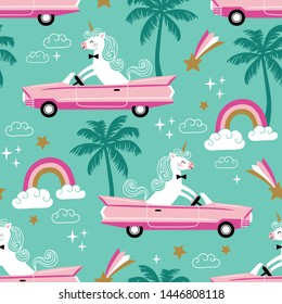 Seamless vector pattern with cute boy unicorns, cars and palm trees.