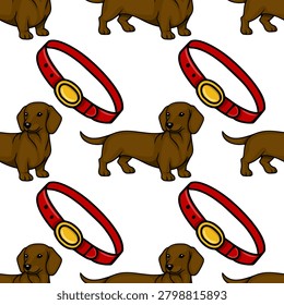 Seamless vector pattern of cute brown dachshund dogs and red collars with gold buckles on a white background.