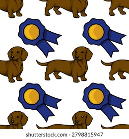 Seamless vector pattern of cute brown dachshund dogs and blue ribbons with gold centers, perfect for pet lovers and award themes.
