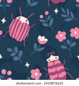 Seamless vector pattern with cute bugs, insect and floral elements. Doodle botanical summer background.