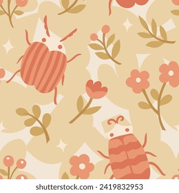 Seamless vector pattern with cute bugs, insect and floral elements. Doodle botanical summer background.