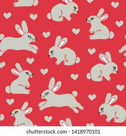 Seamless vector pattern with cute bunnies on pink background. Simple animal wallpaper design with rabbits and love harts.
