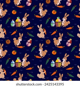 Seamless vector pattern with cute bunnies, carrots and chicken eggs. Vector illustration for fabric, textile, wallpaper, on a dark blue background.