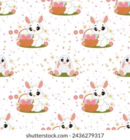 Seamless vector pattern with cute bunnies on a floral background. Perfect for textile, wallpaper or print design