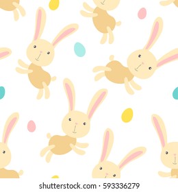 seamless vector pattern of cute bunnies and colored eggs