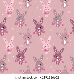 Seamless vector pattern with cute bunny with scarf and hat. Good for wallpaper, pattern fills, web page background, surface textures, gifts. Creative Hand Drawn textures for winter holidays.