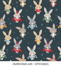 Seamless vector pattern with cute bunny with scarf and hat. Good for wallpaper, pattern fills, web page background, surface textures, gifts. Creative Hand Drawn textures for winter holidays.