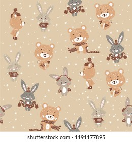 Seamless vector pattern with cute bunny and bear in scarf and hat. Can be used for wallpaper, pattern fills, web page background, surface textures, gifts. 