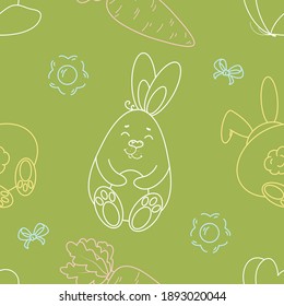 Seamless vector pattern with cute bunny, carrot, butterfly and flower. Line objects. Easter theme hand drawn background for kids clothing, card, print, banner, fabric, wrapping paper, textile, web.