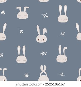 Seamless vector pattern with Cute bunny faces and carrots tossed on navy blue background