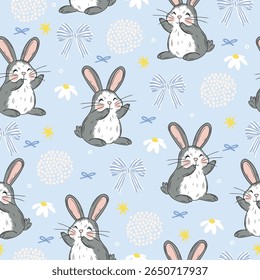 Seamless vector pattern with a cute bunny, daisies, flowers, and bows on a pastel blue background. Soft and charming design.