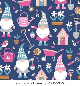 Seamless vector pattern with cute busy gnomes and gardening tools. Hand drawn fairy dwarf on floral background. EPS 10 vector file. Perfect for textile, wallpaper or print design.