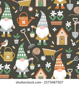 Seamless vector pattern with cute busy gnomes and gardening tools. Hand drawn fairy dwarf on floral background. EPS 10 vector file. Perfect for textile, wallpaper or print design.