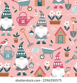 Seamless vector pattern with cute busy gnomes and gardening tools. Hand drawn fairy dwarf on floral background. EPS 10 vector file. Perfect for textile, wallpaper or nursery print design.