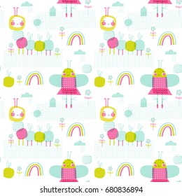 Seamless vector pattern: cute butterflies and caterpillars. For cards, t-shirt prints, birthday, party invitations, scrapbook, summer holidays. Fashion baby print in yellow and turquoise colors.