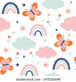 seamless vector pattern. Cute butterfly, rainbow and clouds on white background. Creative scandinavian kids texture for fabric, wrapping, textile, wallpaper, apparel. Vector illustration