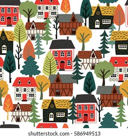 Seamless vector pattern with cute cabins in the woods.