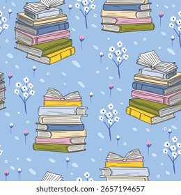 Seamless vector pattern. Cute, calming background with piles of books and scattered flowers on a soft blue backdrop. Pastel tones and cozy aesthetic perfect for kids, girls.