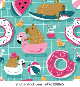 Seamless vector pattern with cute capybaras on pool floats. Hand drawn summer wallpaper design. EPS10 vector file. Perfect for textile, wallpaper or nursery print design.
