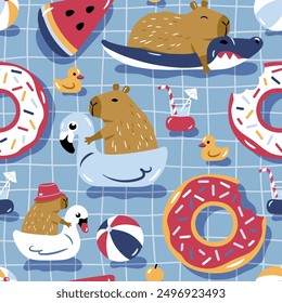 Seamless vector pattern with cute capybaras on pool floats. Hand drawn summer wallpaper design. EPS10 vector file. Perfect for textile, wallpaper or nursery print design.
