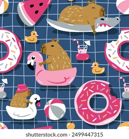 Seamless vector pattern with cute capybaras on pool floats. Hand drawn summer wallpaper design. EPS10 vector file. Perfect for textile, wallpaper or nursery print design.
