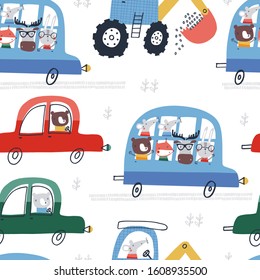 Seamless vector pattern with cute cars and buses for fabric, wrapping, textile, wallpaper, apparel design. Vector illustration background. 