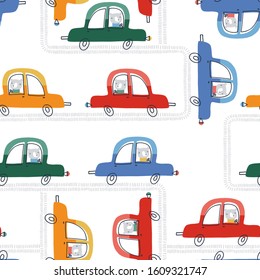 Seamless vector pattern with cute cars for fabric, wrapping, textile, wallpaper, apparel design. Vector illustration background. 