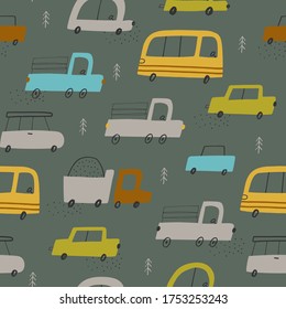 Seamless vector pattern with cute cars for fabric, wrapping, textile, wallpaper, apparel design. Vector illustration background in blue, green and brown. 