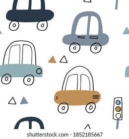 Seamless vector pattern with cute cars for fabric, wrapping, textile, wallpaper, apparel design. Vector illustration background in blue, green and yellow. 