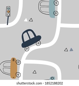 Seamless vector pattern with cute cars for fabric, wrapping, textile, wallpaper, apparel design. Vector illustration background in blue, green and beige. 