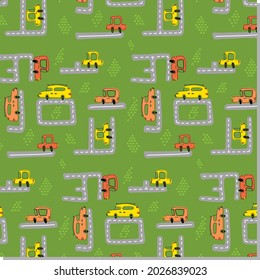 Seamless vector pattern with cute cars on roads. Kids design for print