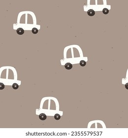 Seamless vector pattern with cute cars for fabric, wrapping, textile, wallpaper, apparel design. Vector illustration background in beige and milk. 