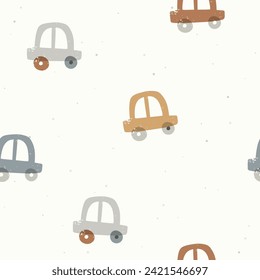 Seamless vector pattern with cute cars on milk background for fabric, wrapping, textile, wallpaper, apparel design. Vector illustration. 