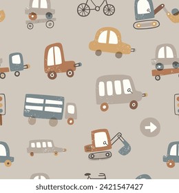 Seamless vector pattern with cute cars on beige backgriund. Can be used for fabric, wrapping, textile, wallpaper, apparel design and others.