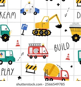 Seamless vector pattern with cute cars - Truck, police car, fire engine truck, excavator. Drawing for children's textiles with cars and vehicles for boys. Kids car background. Scandinavian style