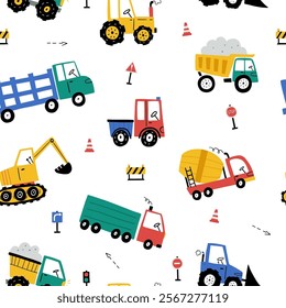 Seamless vector pattern with cute cars - Truck, tractor, cargo crane, bulldozer, excavator. Drawing for children's textiles with cars and vehicles for boys. Kids car background. Scandinavian style