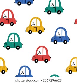Seamless vector pattern with cute cars. Drawing for children's textiles with fun cartoon auto transport for boys. Kids car background. Scandinavian style. Hand drawn childish wallpaper, textile print