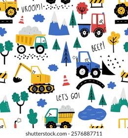 Seamless vector pattern with cute cars - Truck, tractor, cargo crane, bulldozer, excavator. Drawing for children's textiles with cars and vehicles for boys. Kids car background. Scandinavian style