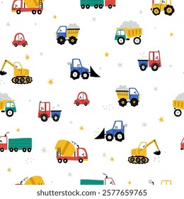 Seamless vector pattern with cute cars - Truck, tractor, cargo crane, bulldozer, excavator. Drawing for children's textiles with cars and vehicles for boys. Kids car background. Scandinavian style