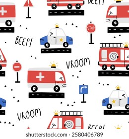 Seamless vector pattern with cute cars - police, ambulance, fire truck. Drawing for childrens textiles with cartoon emergency vehicles. Kids background with rescue team. Scandinavian style