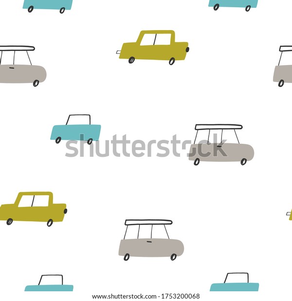 Seamless vector pattern with cute cars\
for fabric, wrapping, textile, wallpaper, apparel design. Vector\
illustration background in blue, green and brown.\
