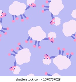 Seamless vector pattern of cute cartoon white sheep on light blue background 