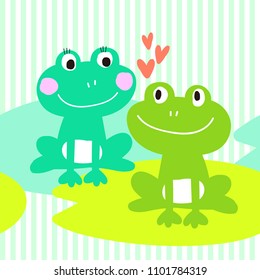 Seamless vector pattern with cute cartoon frog couple. Repeating frogs background.