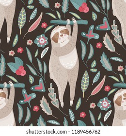 Seamless vector pattern with cute cartoon sloth holding on a branch on a dark background. Vector jungle animal illustrations in a flat style with floral elements.