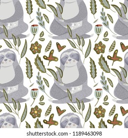 Seamless vector pattern with cute cartoon sloth among jungle nature. Vector sleaping animal illustration in a flat style on a white background.