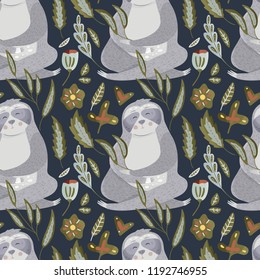 Seamless vector pattern with cute cartoon sloth with flowers. Vector sleaping animal illustration in a flat style on a dark background.
