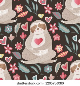 Seamless vector pattern with cute cartoon sloth with heart in his hands. Vector lovely animal illustration in a flat style on a dark background.