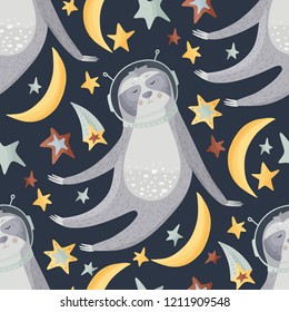 Seamless vector pattern with cute cartoon sloth astronaut. Vector dreaming animal illustrations in a flat style with stars.