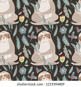 Seamless vector pattern with cute cartoon sloth with heart in his hands. Vector lovely animal illustration in a flat style on a dark background.